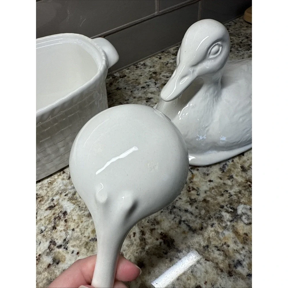Whittier Pottery White Duck Soup Tureen Ladle Vintage 1983 USA Calif Cottagecore